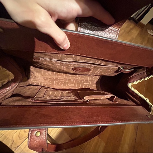 Fossil Natural Straw Brown Leather Trim Satchel Purse - Picture 2 of 15